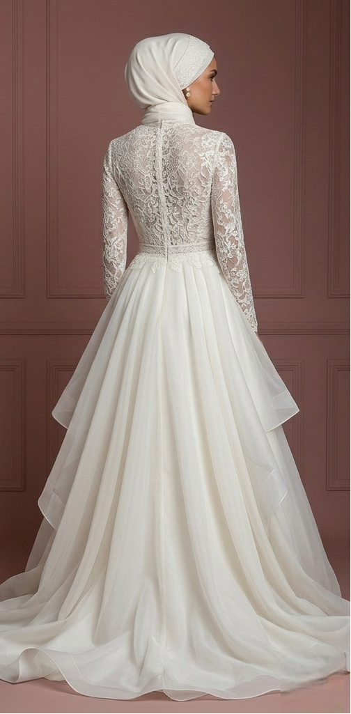 Lace & Organza Princess Gown – Modest Hijab Bridal Wedding Dress Muslim