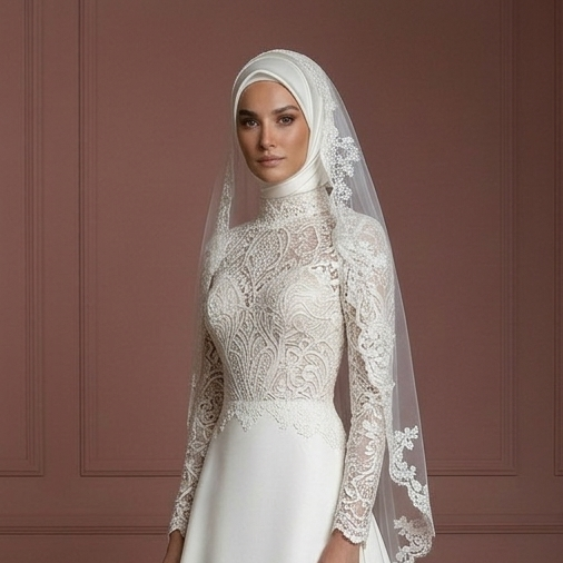 Lace & Satin Ball Gown – Ivory Elegant Muslim Wedding Dress