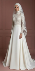 Lace & Satin Ball Gown – Ivory Elegant Muslim Wedding Dress