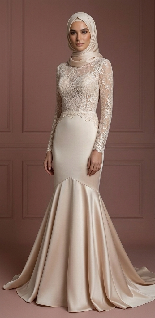 Lace & Satin Mermaid Wedding Dress – Soft Champagne Hijab Outfit Muslim