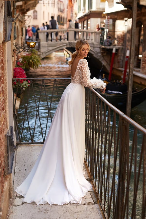 Romantic A-Line Bridal Dress with Long Sleeves, Square Neckline, 3D Embellishments, and Dropped Waistline for a Dreamy Bridal Look