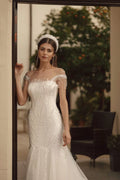 Serpentine-Mermaid Bridal Gown with Off-the-Shoulder Sleeves, Off-Shoulder Neckline, Embroidery Detailing, and Natural Waistline