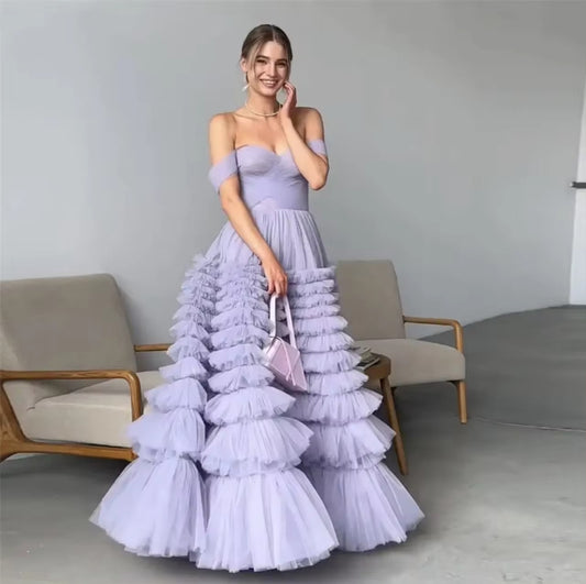 Lavender Tulle Evening Dresses Off The Shoulder Tiered Floor Length Formal Women Prom Gown Special Occasion Dress