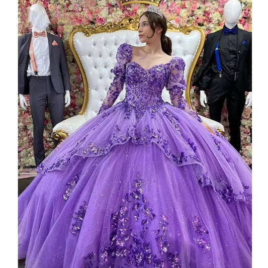 Shiny Beading Quinceanera Dresses Long Sleeves Vestidos De 15 Años Glitter Tulle Formal Prom Princess Birthday Gown