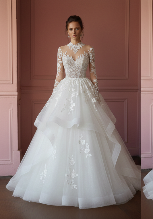 Layered Wedding Dress Organza Ball Long Gown Classic Fashion