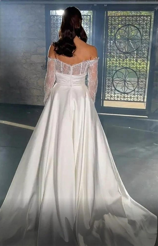Impressionante sereia overskirt vestido de casamento com trem destacável vestidos de noiva renda manga longa fora do ombro cetim vestido de novia