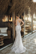 Modern Mermaid Wedding Dress with Spaghetti Straps, V-Neckline, Glitter Embellishments, and Natural Waistline