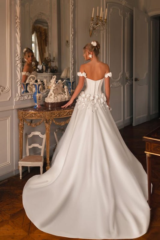 Elegant Off Shoulder Satin Tulle Wedding Dresses 3D Flowers Sweetheart Neckline Bridal Gown with Court Train - Camilla's