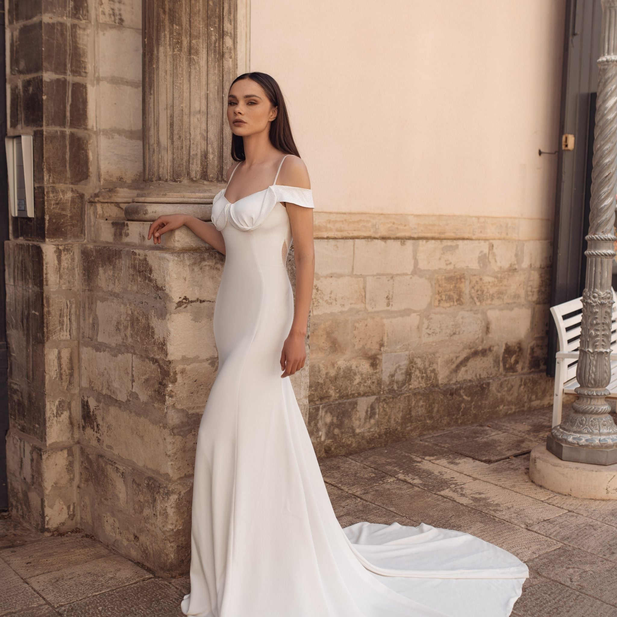 Glamorous Mermaid Wedding Gown with an Off-Shoulder Neckline and a Flattering Natural Waistline for a Breathtaking Bridal Look