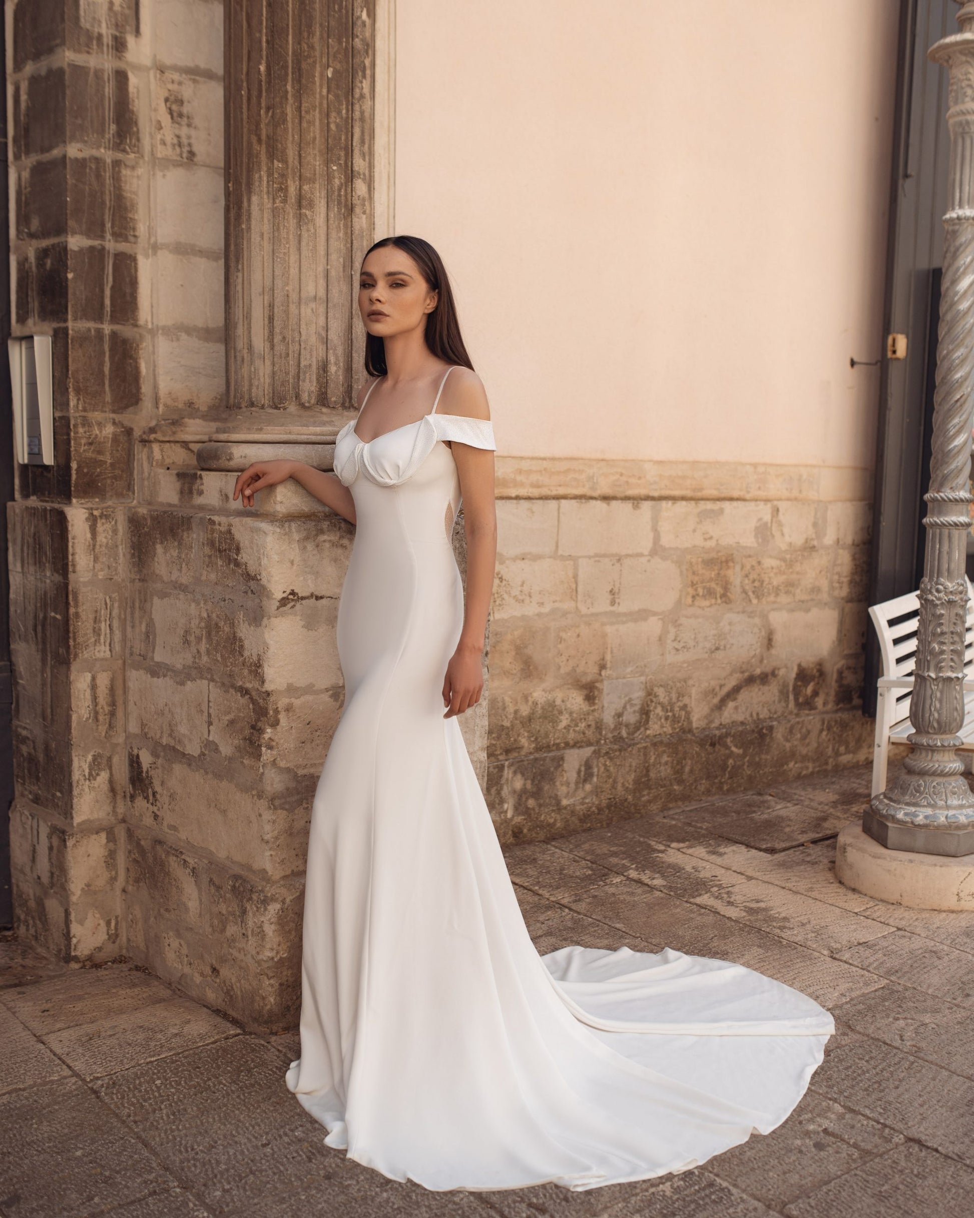 Glamorous Mermaid Wedding Gown with an Off-Shoulder Neckline and a Flattering Natural Waistline for a Breathtaking Bridal Look