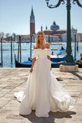 Off-Shoulder Pleats Bow Crepe A-Line Wedding Dress For Women Cut Out Back Floor Length Bridal Gown