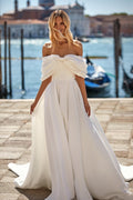 Off-Shoulder Pleats Bow Crepe A-Line Wedding Dress For Women Cut Out Back Floor Length Bridal Gown