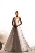 Elegant White Satin Evening Dress Fashion V-Neck Spaghetti Strap Flowers Floor Length Court Train A-Line Party Gowns Prom Dress