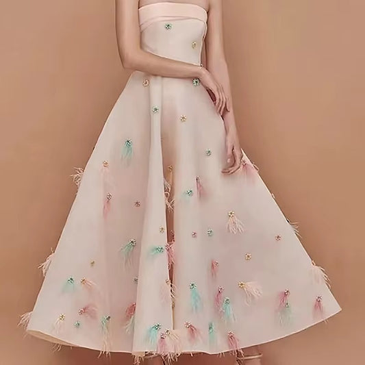 Vestido rosa claro sin tirantes para mujer, vestidos de noche de corte A para mujer, vestido de plumas, vestido de fiesta con apliques, vestido hasta el tobillo