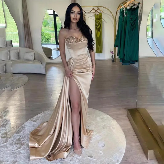 Sexy Strapless Mermaid Vestidos De Noche Glitter Sequins Chest Trumpet Side Split Prom Dress