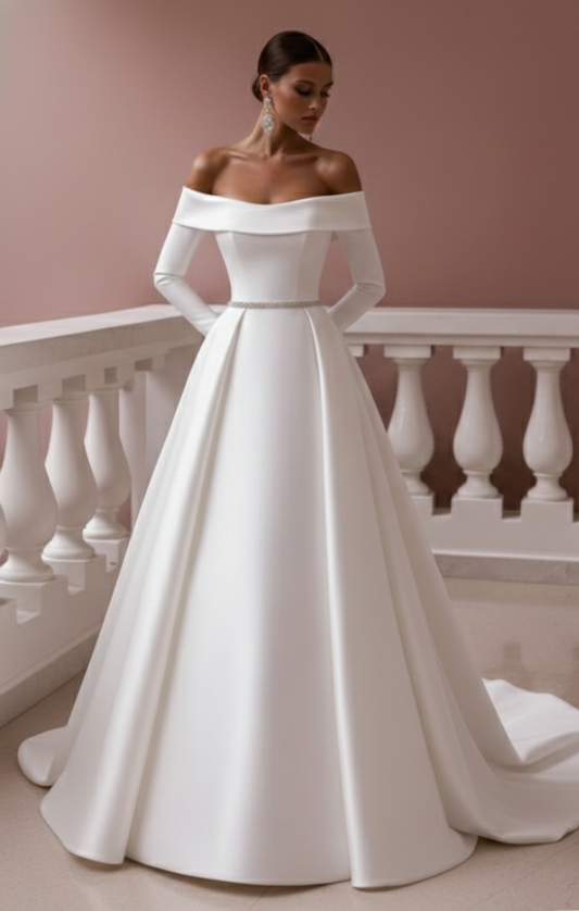Long Bow Detail Wedding Dress Backless Satin Formal Gown