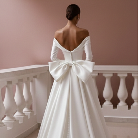 Long Bow Detail Wedding Dress Backless Satin Formal Gown