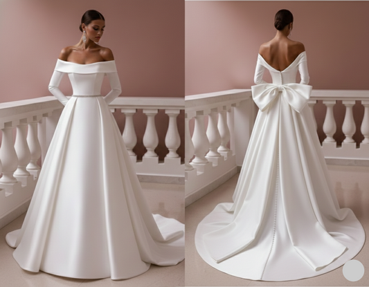 Long Bow Detail Wedding Dress Backless Satin Formal Gown