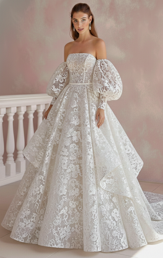 Long Flutter Sleeve Wedding Dress Boho Lace Bridal Gown