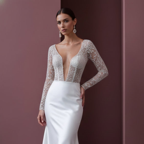 Long Heavy Lace Sleeve Wedding Dress Winter Church Style