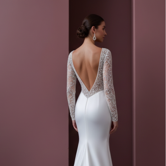 Long Heavy Lace Sleeve Wedding Dress Winter Church Style