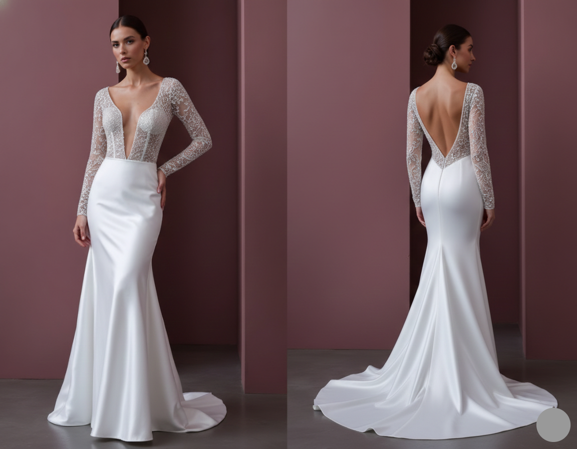 Long Heavy Lace Sleeve Wedding Dress Winter Church Style