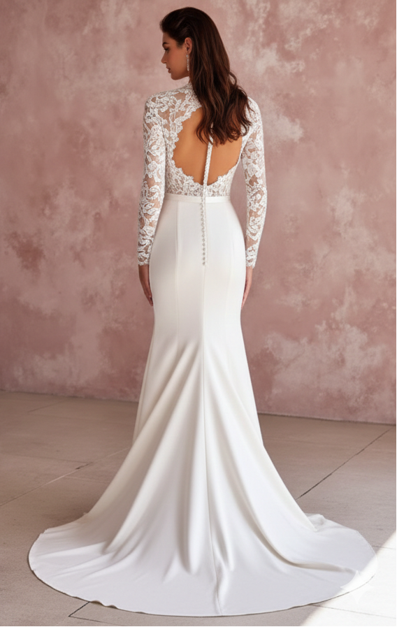 Long High Neck Sleeve Wedding Dress Modest Lace Backless