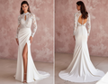 Long High Neck Sleeve Wedding Dress Modest Lace Backless