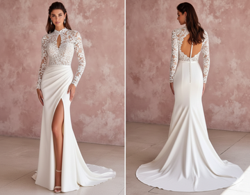 Long High Neck Sleeve Wedding Dress Modest Lace Backless