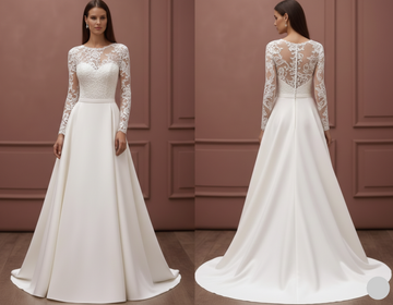 Long Lace Applique Sleeve Wedding Dress Tulle A-Line Bridal