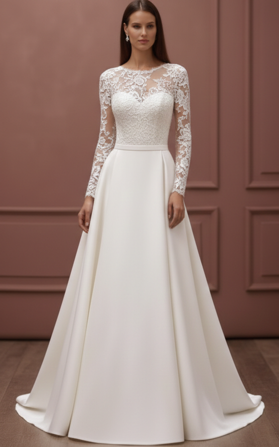 Long Lace Applique Sleeve Wedding Dress Tulle A-Line Bridal