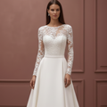 Long Lace Applique Sleeve Wedding Dress Tulle A-Line Bridal