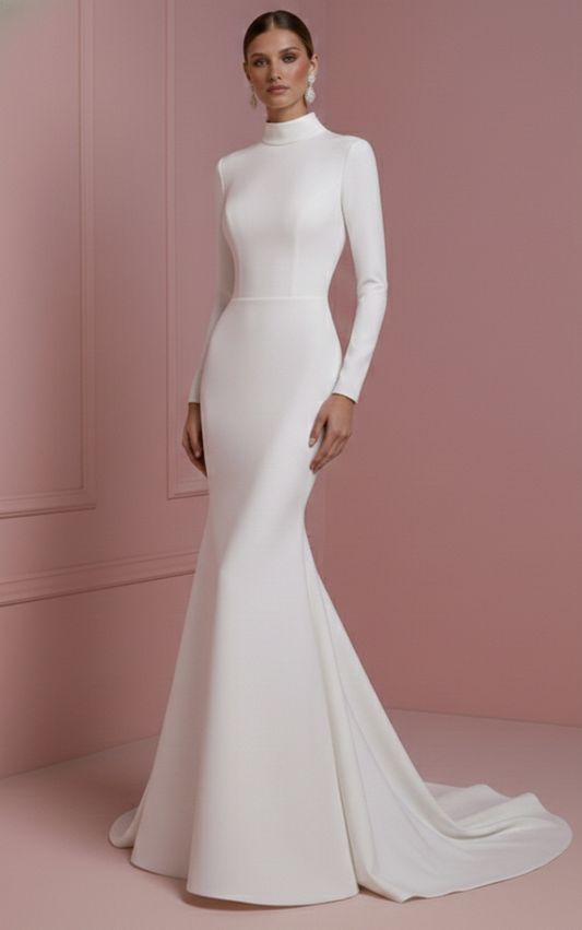 Long Pearl Trim Wedding Dress Classic Mermaid Tulle Gown