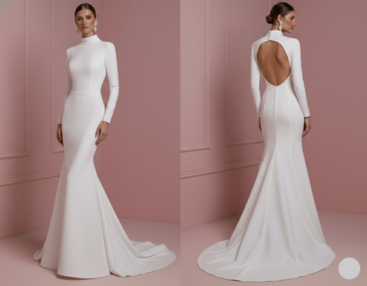 Long Pearl Trim Wedding Dress Classic Mermaid Tulle Gown