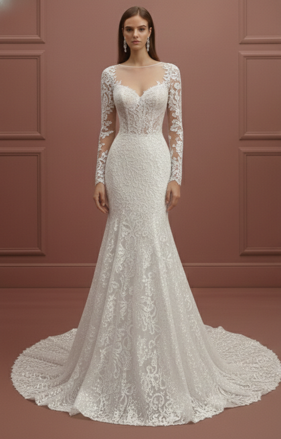 Long Petite Sleeve Wedding Dress Adjusted Fit Lace Elegant