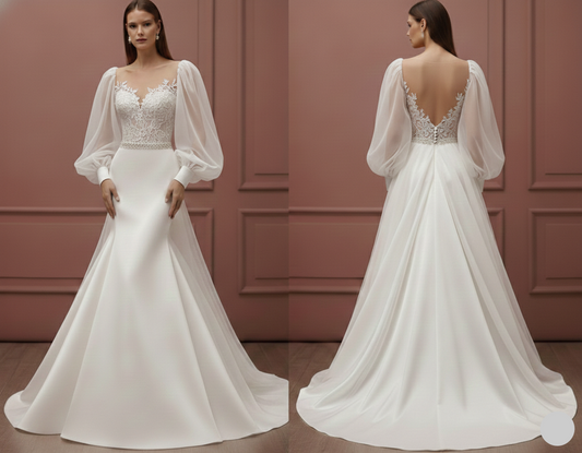 Long Puffy Sleeve Wedding Dress Romantic Classic Bridal Gown