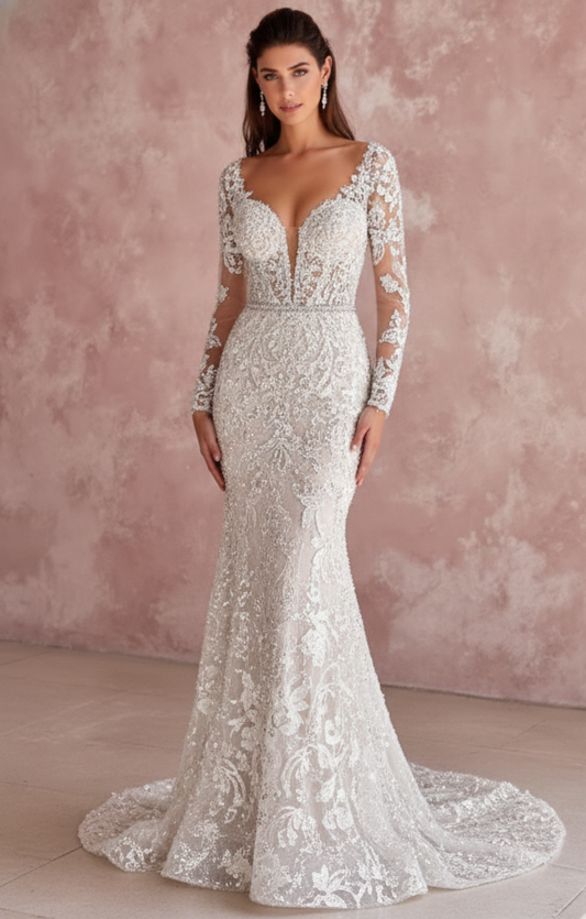 Long Rustic Sleeve Wedding Dress Country Style Lace Trim