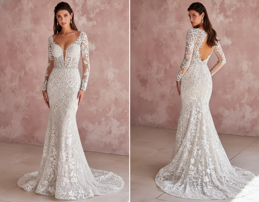 Long Rustic Sleeve Wedding Dress Country Style Lace Trim