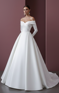Long Satin Ball Gown Sleeve Wedding Dress Royal Elegant