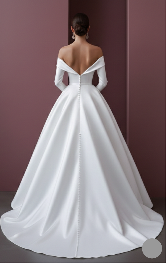 Long Satin Ball Gown Sleeve Wedding Dress Royal Elegant