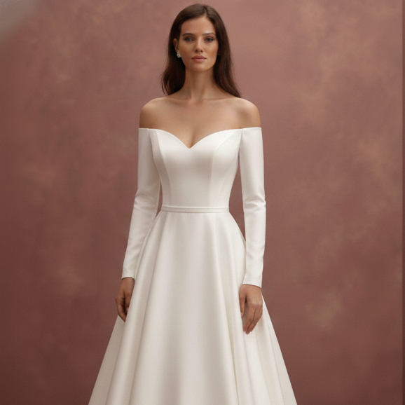 Long Satin Ball Gown Wedding Dress Off the Shoulder Formal