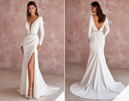 Long Sheath Wedding Dress Silk Satin V-Back Destination Wear