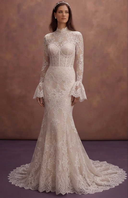 Long Sleeve Wedding Dresses with French Lace Cuffs