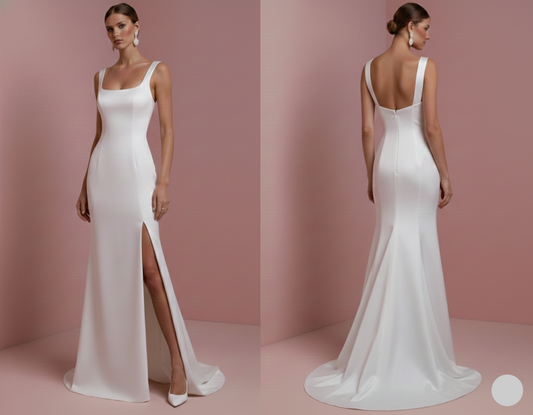 Long Square Neck Wedding Dress Thick Strap Satin Classic