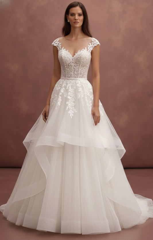 Long Tiered Lace Wedding Dress Country Rustic Style Fashion