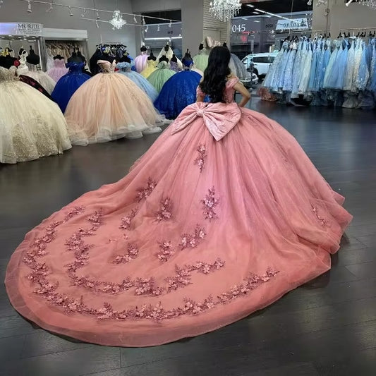 Pink Quinceanera Dresses Off Shoulder Vestidos De 15 Años Beading Flower Lace Formal Birthday Party Prom Dress