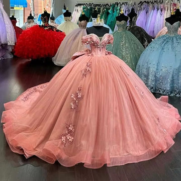 Pink Quinceanera Dresses Off Shoulder Vestidos De 15 Años Beading Flower Lace Formal Birthday Party Prom Dress