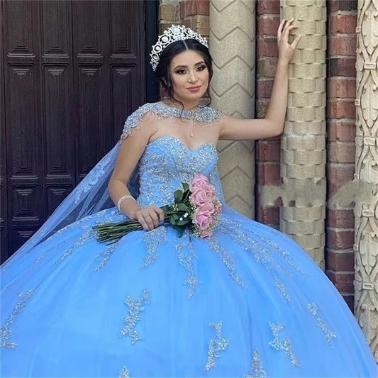 Vestidos De quinceañera De novia, color azul claro brillante, con capa, encaje con cuentas, vestido De fiesta De cumpleaños, Vestidos De 15 anos