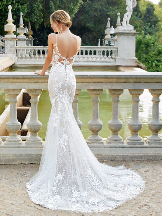 Abiti da sposa a maniche lunghe innamorate per donne Illusion Lace Up Back Vestidos de novi Elegante tulle a-line