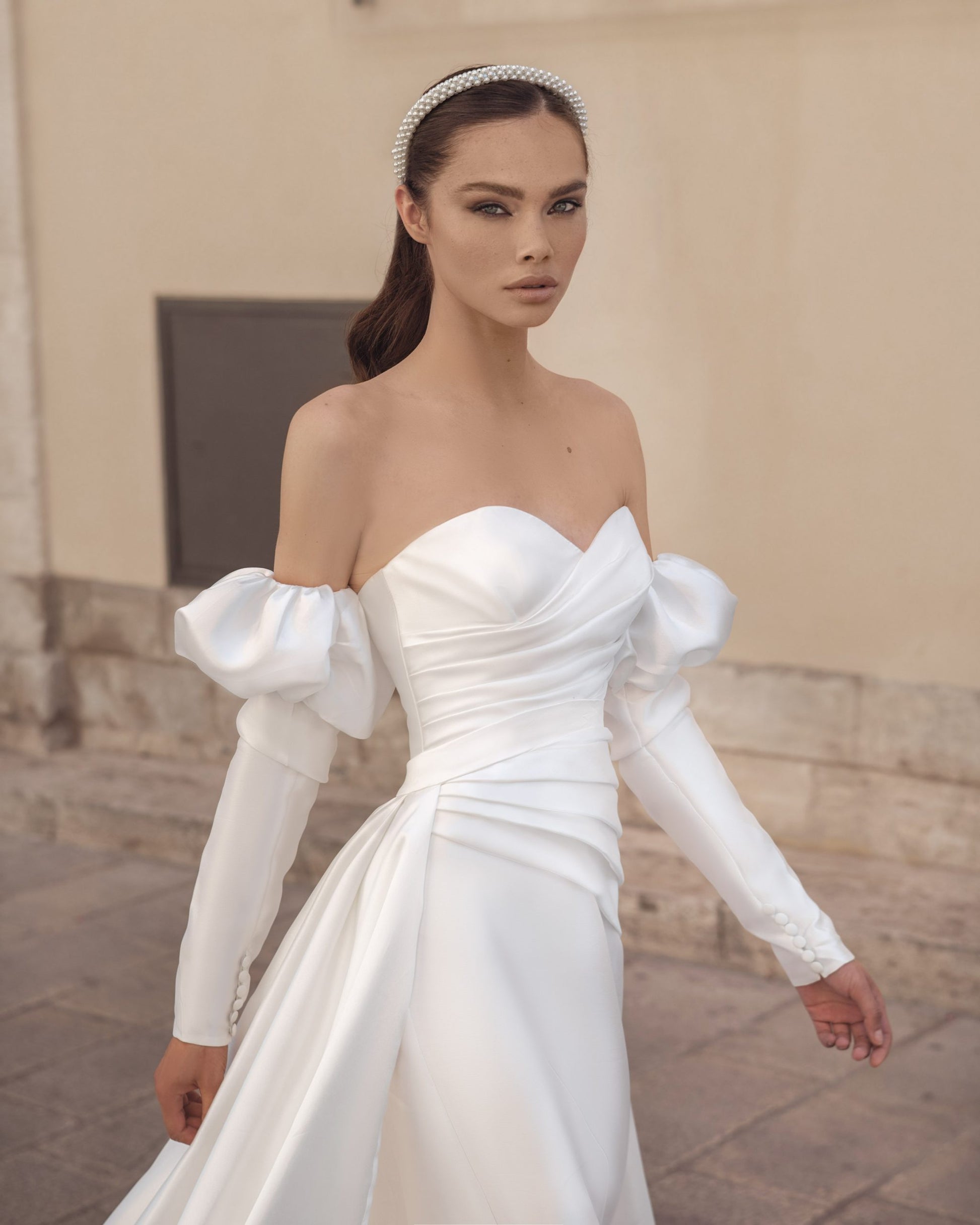 Elegant Sheath Wedding Gown, Long Sleeves, and a Queen Anne Neckline for a Regal and Sophisticated Bridal Look